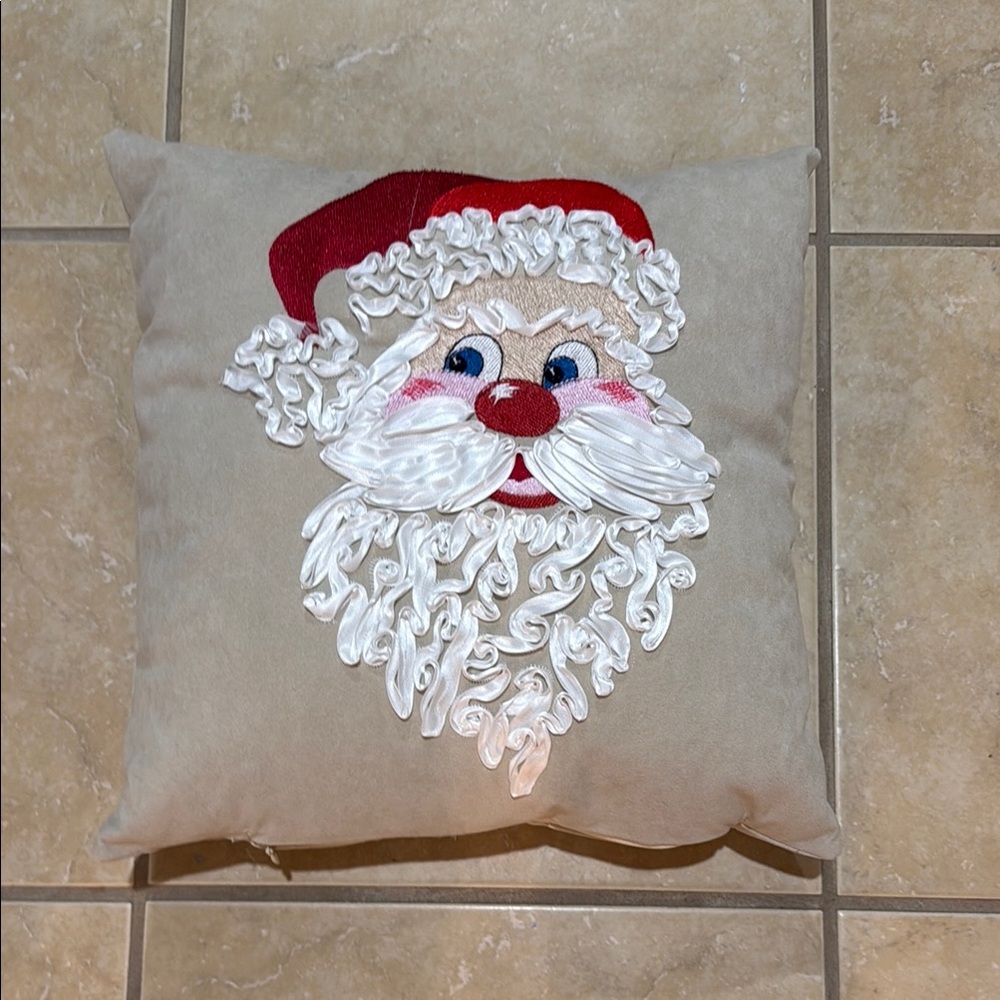 Suede Embroidered Santa Claus Christmas Holiday Pillow 12”